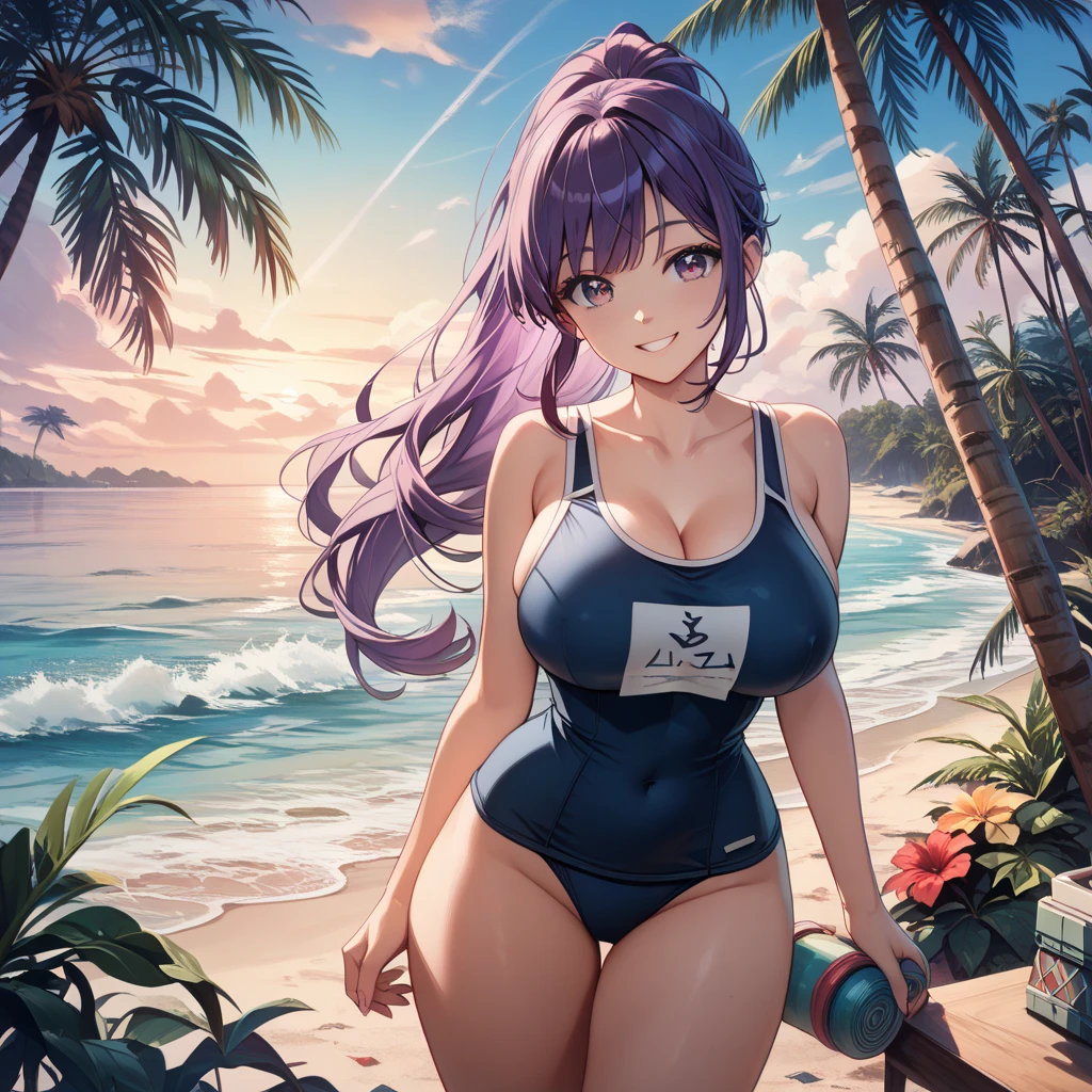 1 girl(athlete swimsuit, dark purple hair, straight hair, big breast, tall, sunglasses)
