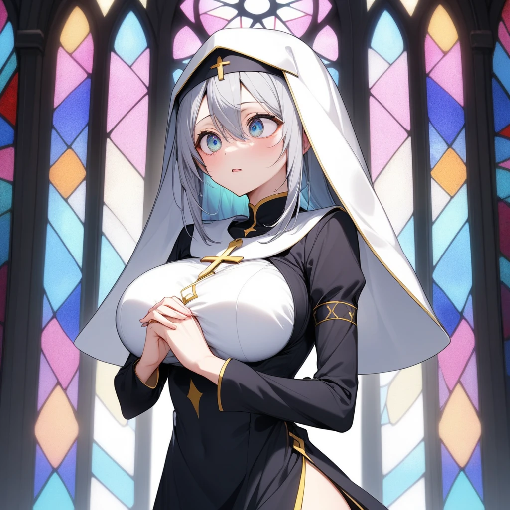 score_9, score_8_up, source_anime, 1girl, solo, SarueiNun, grey hair, glasses, scar across eye, long hair, braid, hairclip, nun, nun habit, detached collar, necklace, cleavage, black dress, side slit, thigh strap, black thighhighs, church, own hands clasped, smile,