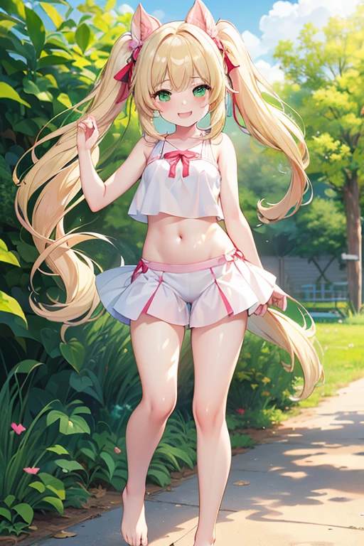 1girl, cute, teen, slender, round face shape with angular jaw, blonde with bangs, grey eyes, bikini top, picking wet pink colorful mushrooms in a celestial forest, sunshine, stripe socks, pink skirt, hhorny touch, windy