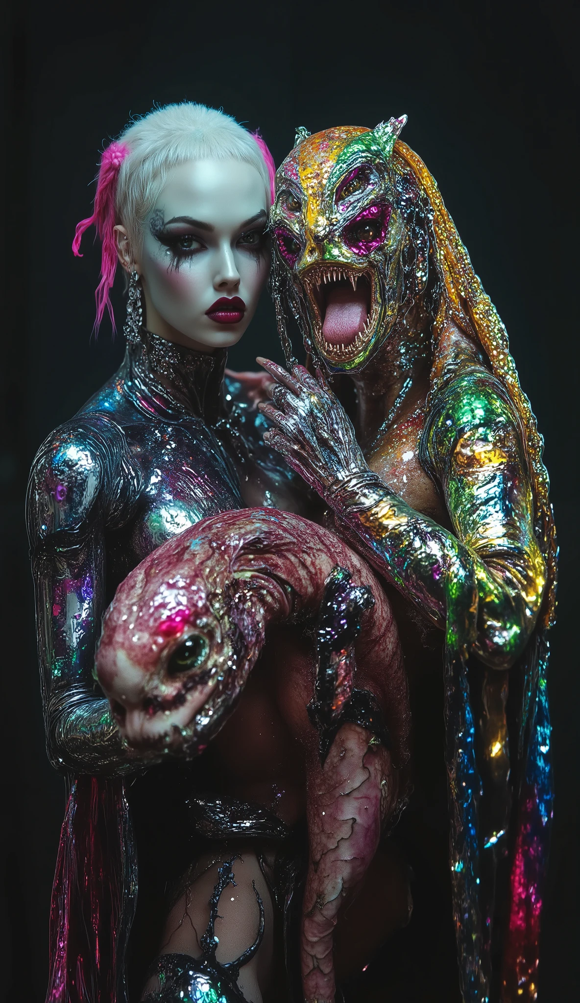 SFW Strange and sinister human albinos, with exotic predatory animals, friendly caress the beasts. style of abstract artist hyperrealist, inst ax, playful performance art, atmospheric installations, black color palette, iconic, minimalistic art, minimal fashion, colorful costumes, Supercolor Intense, solar punk. Coherent and dynamic movement. hyperrealistic, cinematic lighting, hyper-detailed, 8K.