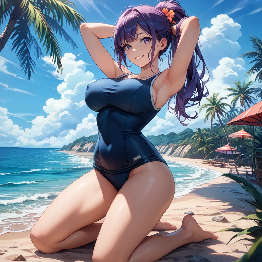 (((1girl, uyltr resolution, ultra-sharp, 8K, artwork, 25yo))), ((purple hair, very short hair, dark green eyes)), ((big breasts, strong arms ,muscular arms, muscular legs,strong legs, strong body, muscular female, Clear Skin)), wearing micro string bikini ,nsfw,smiling, posing feom back to picture , back view, (((, showing ass,bare ass))), ((beach background))