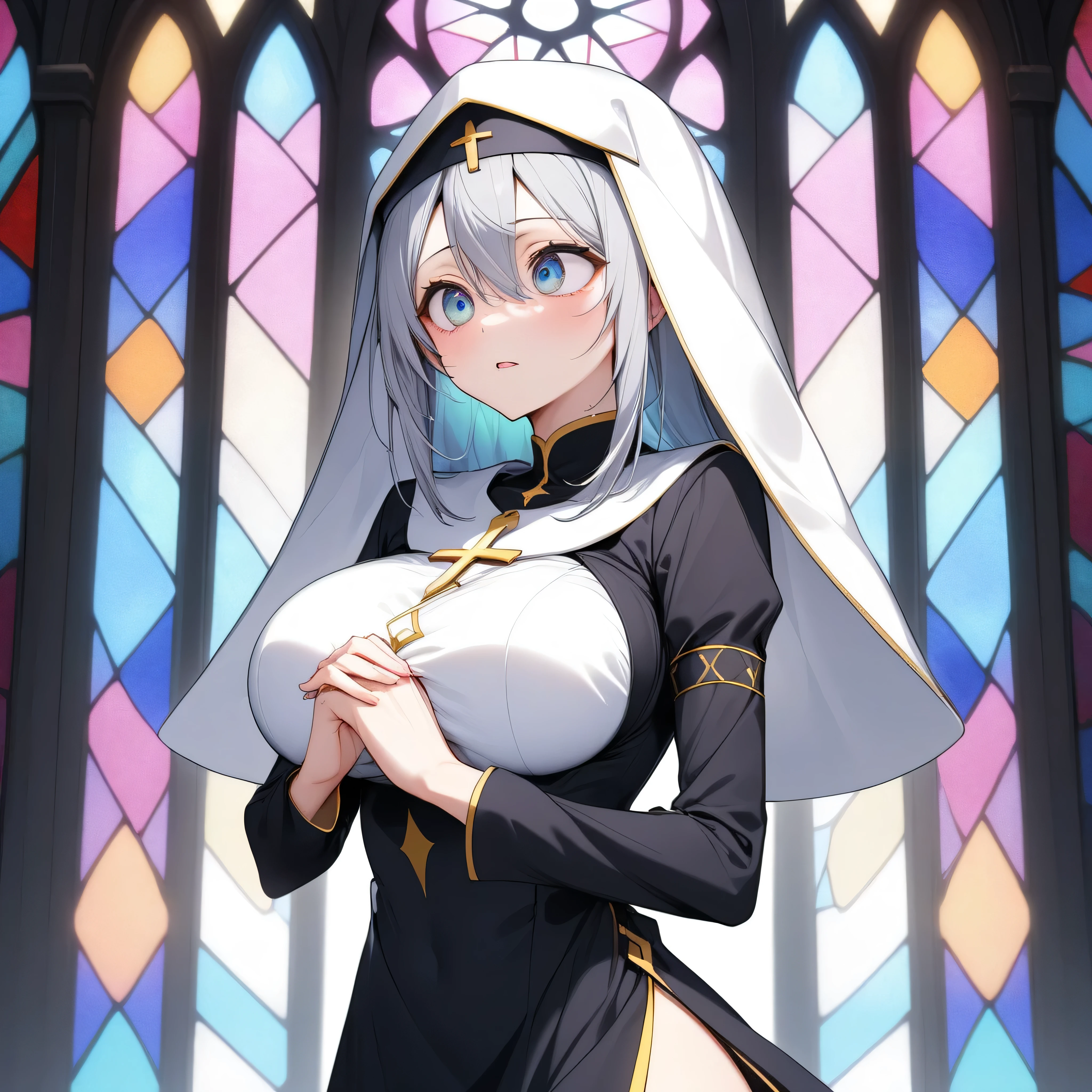 score_9, BREAK, stained glass, solo, (1 skinny priestess praying), (praying with clasping hands under chest), clasping both fists under chest, (bouncing huge breasts), perky breasts, {arched back}, BREAK, narrow waist, skinny legs, tight-fit long black robe, orgasm, large eyes, (pussy juice dripping down:0.5), too short torso