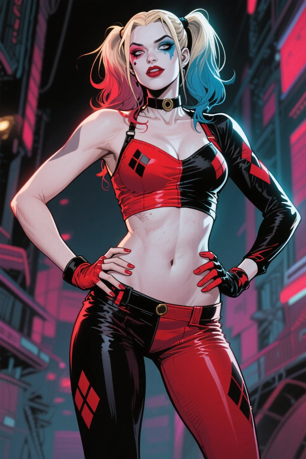 "Harley Quinn, a bold and captivating character with a mischievous smile and vibrant personality. Exuding an air of rebelliousness and playfulness, she is portrayed in an ultra-detailed CG illustration with masterful craftsmanship and impeccable quality. Her trademark multicolored hair, blond hair, adds a dynamic and eye-catching element. Dressed in her distinctive outfit, consisting of a red and black harlequin costume, accessorized with mismatched gloves and a playful jester neckpiece. The scene is set against a backdrop of chaos and mayhem, with graffiti-covered walls and flickering neon lights. The contoured lighting effects accentuate her features, casting dramatic shadows and highlighting her iconic makeup. This masterpiece artwork encapsulates the essence and allure of Harley Quinn, blond hair making it an exquisite and captivating imagery."