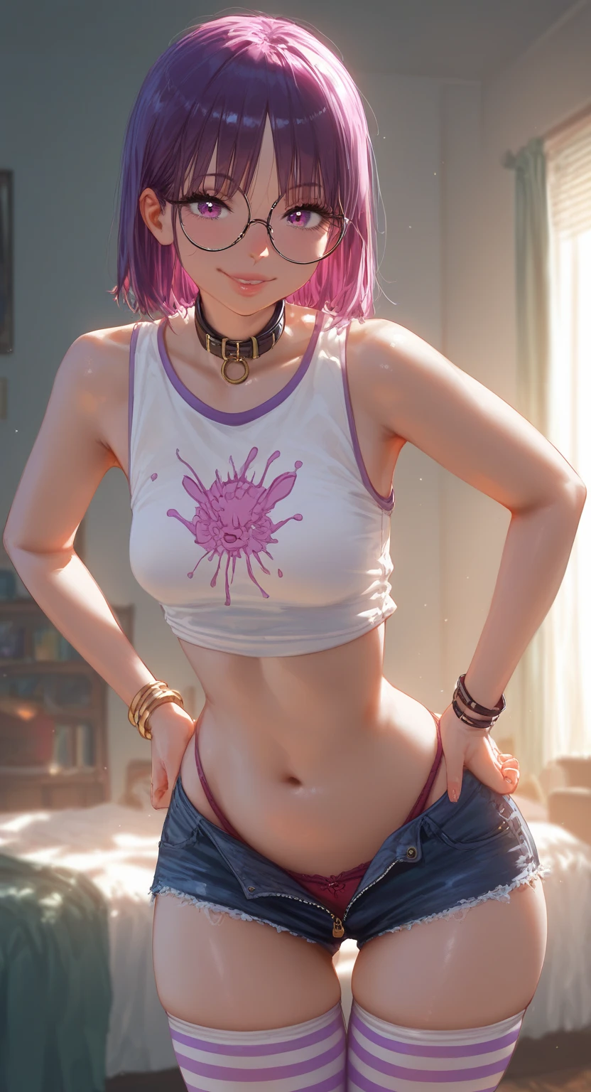 ((work of art, Maximum quality, high resolution)), ((highly detailed 8K unified CG wallpaper)), (Asian woman, 1,72m), (skin fair, Asian appearance), (extremely seductive), (Very defined muscles), (fully body), (wearing blue shorts with floral prints), (white top with tribal prints), (wearing sports glasses), (pink hair)