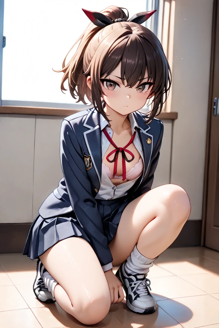 (beautiful face),(realistic face, perfect eyes,1.1),analog style,RAW,real life photo,medium quality,normal aesthetic,break,1girl,(japanese girl:1.1),(round face:1.3),break,(intricate underwear),(masterpiece, highest quality, 16K),masterpiece, highest quality, brown eyes, looking for in viewer, one person in, short_hair, closed_mouth, with collar_shirt, long sleeve、long sleeve、looking for_in_viewer, School_uniform, shirt, white_shirt, wearing a down jacket.small_chest, short hair, hair flower, white shirt, sweater vest, short sleeve, gray skirt,  short hair, hair flower, red bow tie, blazer, brown jacket, long sleeve, Checkered Skirt Amikoto, short hair, hair flower, , white shirt, ((show panties:1.5)), ((spread legs, legs up, hold own thighs)), (((in bed:1.5))), ((angry:1.1))