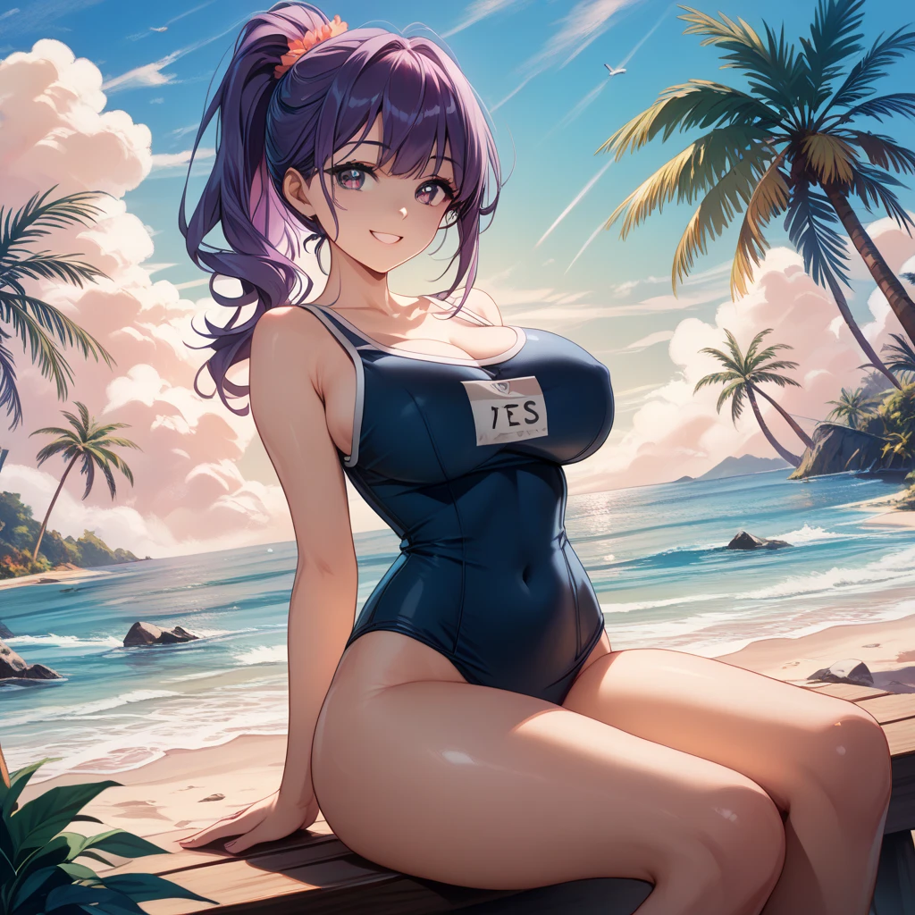 Nozomi Tojo、lovelive!、(swimsuit)、big breasts、squat、straight hair、troubled face