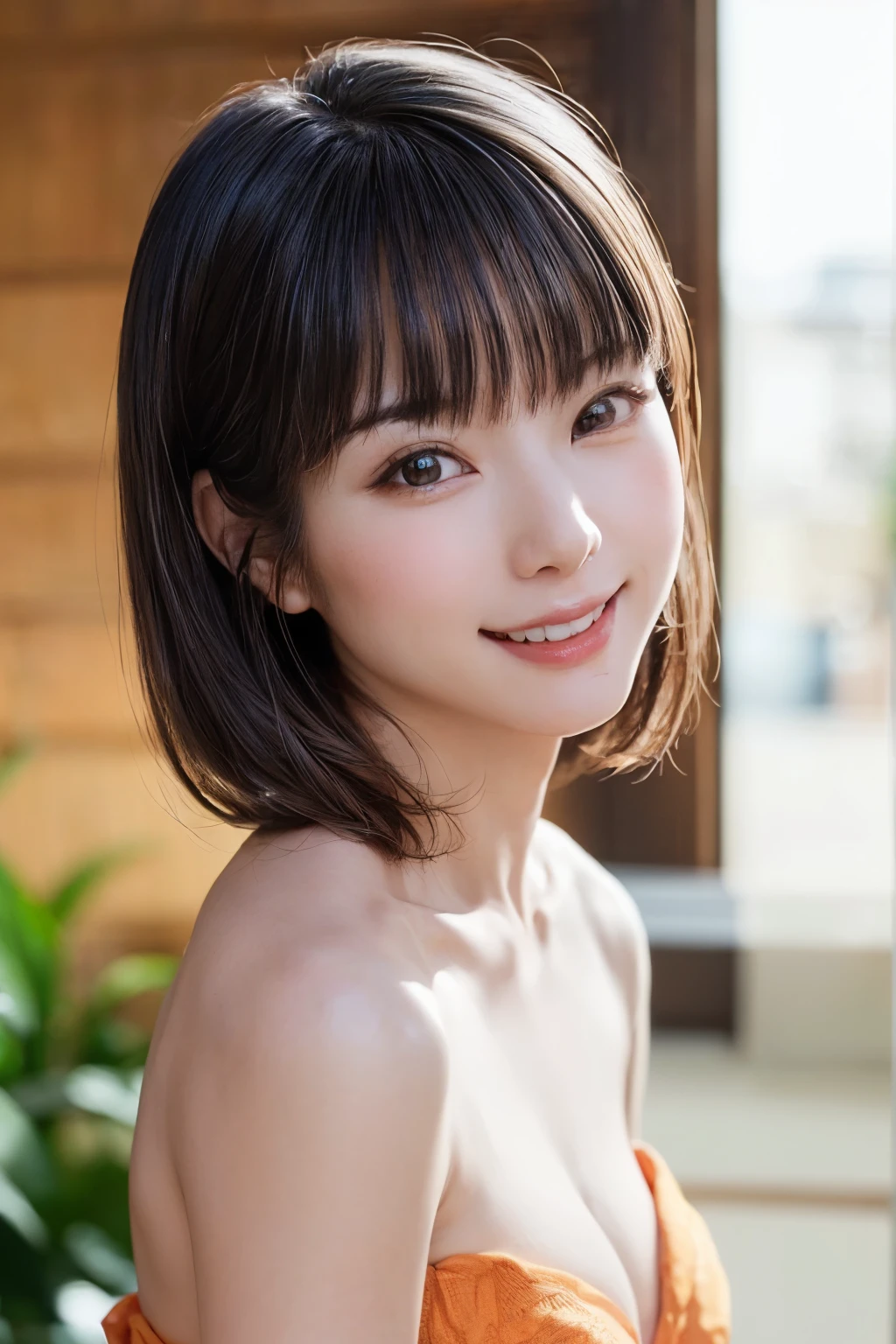 photoRealstic, hight resolution, zydG, 1beautiful woman, Brown eyes, Moles under the eyes, Darker makeup, (Shorthair with bangs:1.2), (large full breasts:1.2), a park, Striped T-shirt, look at viewr, Blushing cheeks, Bright smile, Bright lighting
