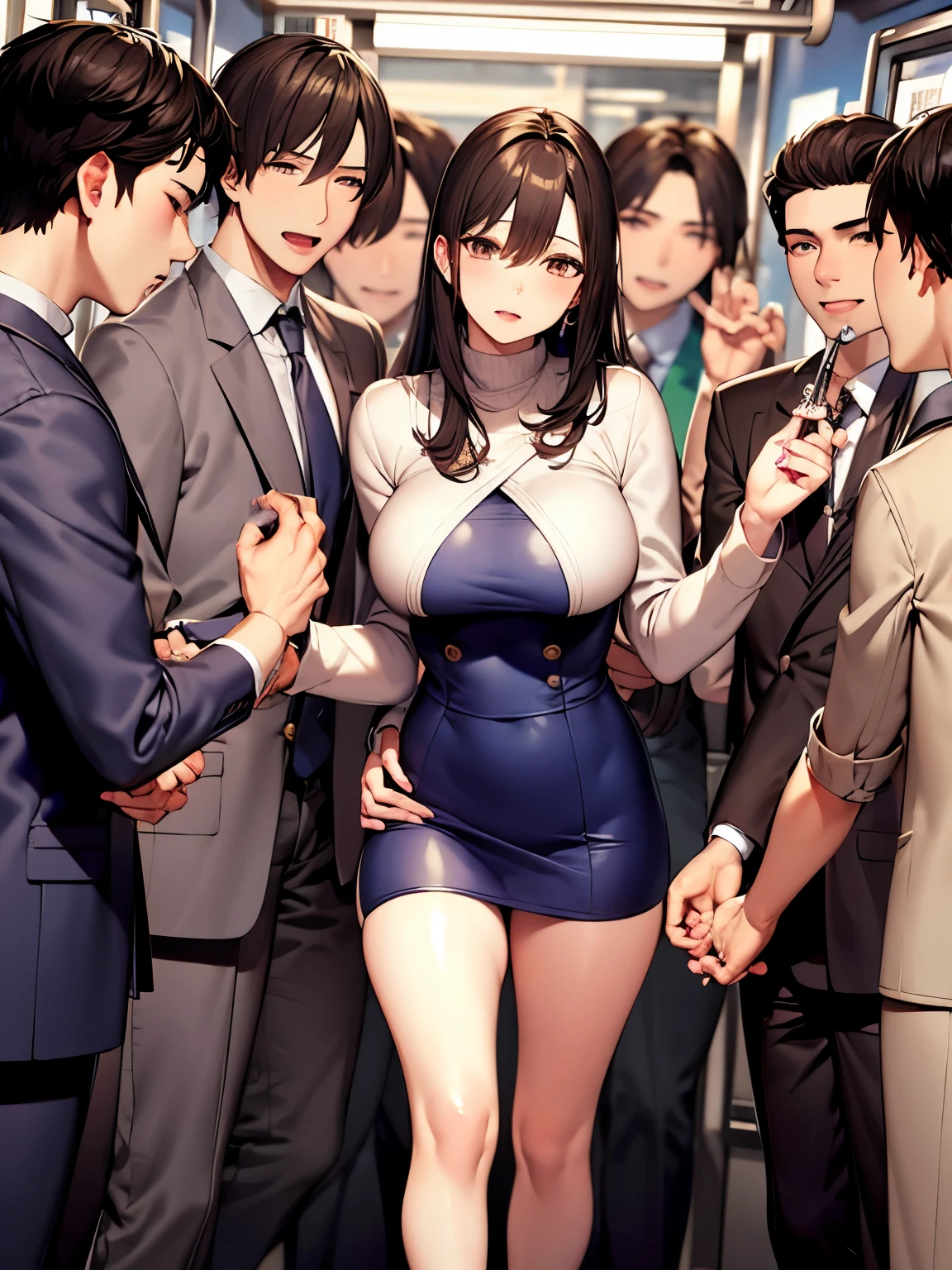 {{Mature female, caucasian}}, looking at viewer, hazel eyes, extremely detailed, medium breasts, brown hair, airport, flight attendant, uniform, blue blazer, blue necktie, blue skirt, medium skirt, pencil skirt, blue high heels, happy, best quality, high quality, extremely detailed anime screencap, {{{{crowded, multiple girls, thousands of sisters, millions of sisters,billions of sisters, clone, doppelganger, matching outfit, matching hairstyle}}}}, full body