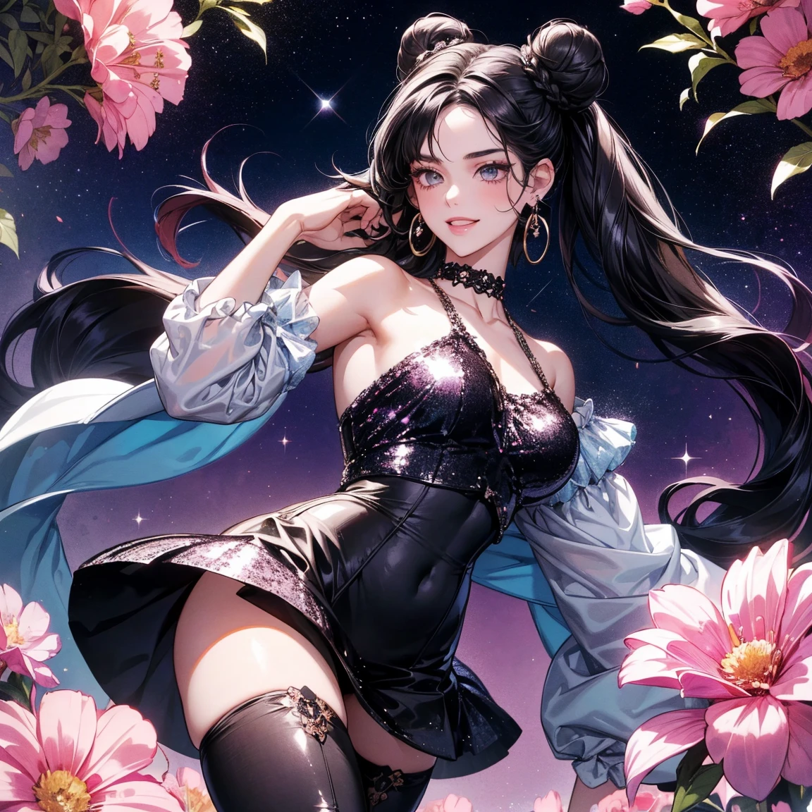 stunning beauty, Aesthetic, Oil painting style, thick coating, Women with incomparable style, Exquisite facial makeup, Black hair, long hair and waist, long eyelashes, Dark brown pupil eyes, exquisite nose, Lip balm, Inseparable strands, Beautiful posture, Graceful curves, Plump ideal type, Super special exaggerated huge breast weight, Bold, Elegant, Extravagant artistic acts, romanticism, (Fractal Art), Vibrant colors, Sunny glare smooth skin, Professional photo close-ups, Brutalist design, Explore Victoria's Secret, blush, flower petals, Vivid colors, The most beautiful chaotic shapes, Colorful, Colorful and magnificent, From above, from the front side