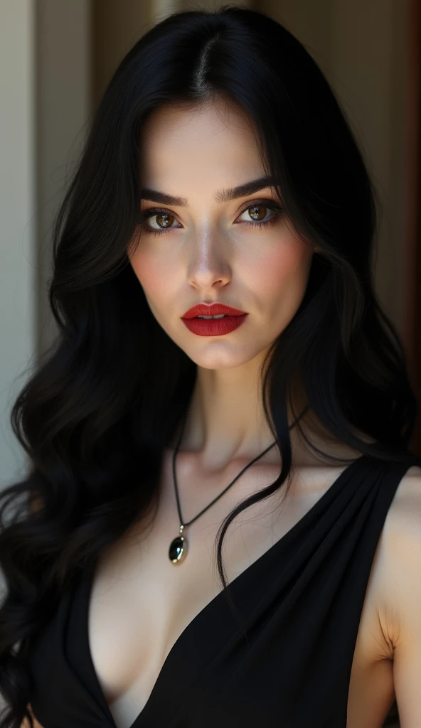 beautiful woman, long black dress with an intricate flower, necklace, vampire vibe, red lips, vampire smile, taking a selfie, Morticia, dark rose garden, tattoos with glowing lines, black bodycon dress, neckline, realism, hyperrealism, atmospheric haze, film grain, cinematic frame, shallow depth of field, high detail, high budget, moody, epic, overall detail, gorgeous, photorealistic, hidden camera, cinematic color grading, eye catchlight, atmospheric lighting, skin pores, imperfections, natural, fine sharpening