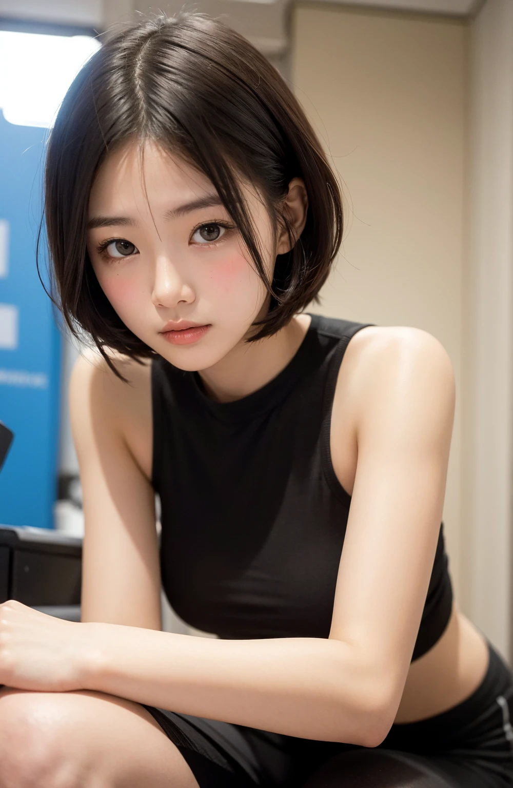 Strange look、An embarrassing gesture、short hair、Shoulder straps are falling off:1.3、ultra high definition face、beautiful face、Face is in focus、Ultra high definition and beautiful eyes、Eyes are symmetrical、High-definition and beautiful skin、firm skin、glossy lipasterpiece、High resolution、8k、highest quality