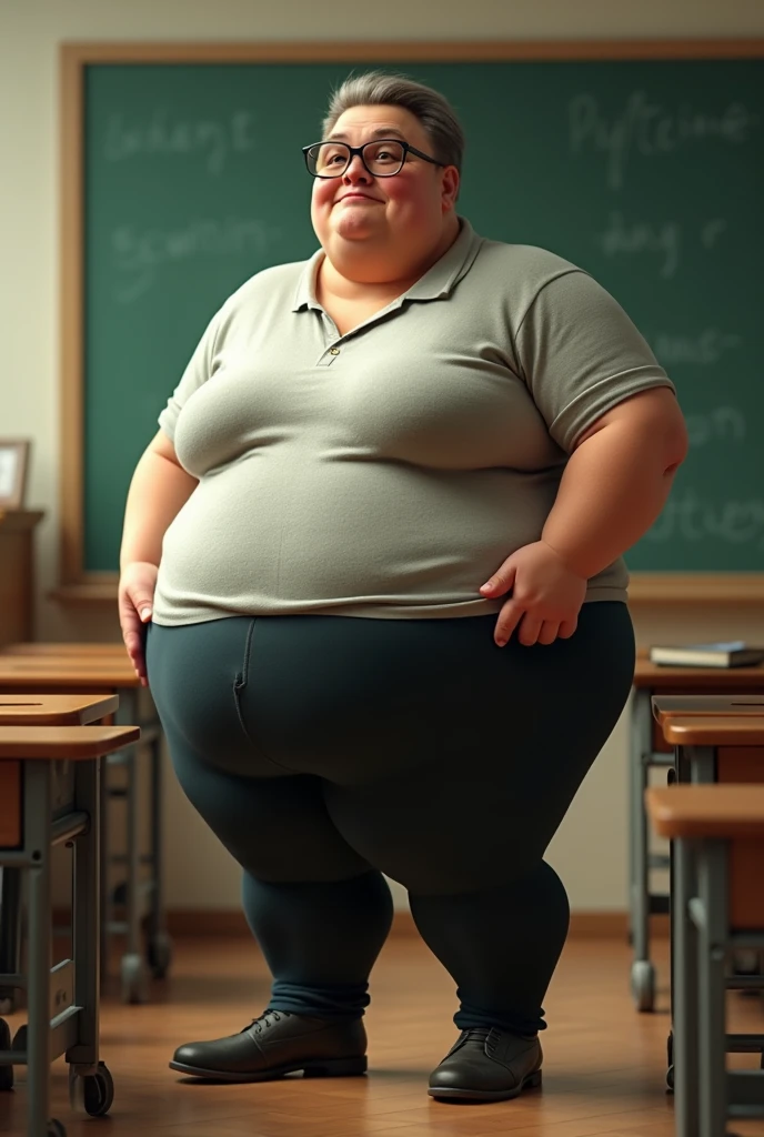 A peaceful photo of a young cute nerdy redhead bbw student with glasses with long wavy ginger hair soft fat belly, wide fat obese hips, thick fat legs and fat arms, cute pretty face, small breasts, blue eyes, freckles, in long shirt tucked in her simple trousers, and trousers, wearing a backpack in a school hall
