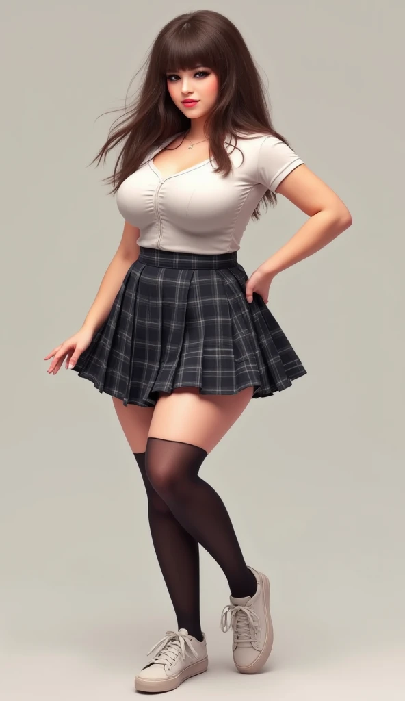 (RAW photo, highest quality, masterpiece: 1.2), (photo: 1.4), 1girl, solo, whole body, High heels, cute Japanese face, ((9 years old face, baby face with mature body)), (((massive gigantic)) chest, massive cleavage), (uniform, sleeveless, super short plaid skirt, super short miniskirt, plump thighs, plump hip, slender legs, black stocking, school loafers), standing pose, full body shot, line of sight (smile), arms behind head, ((double armpits))