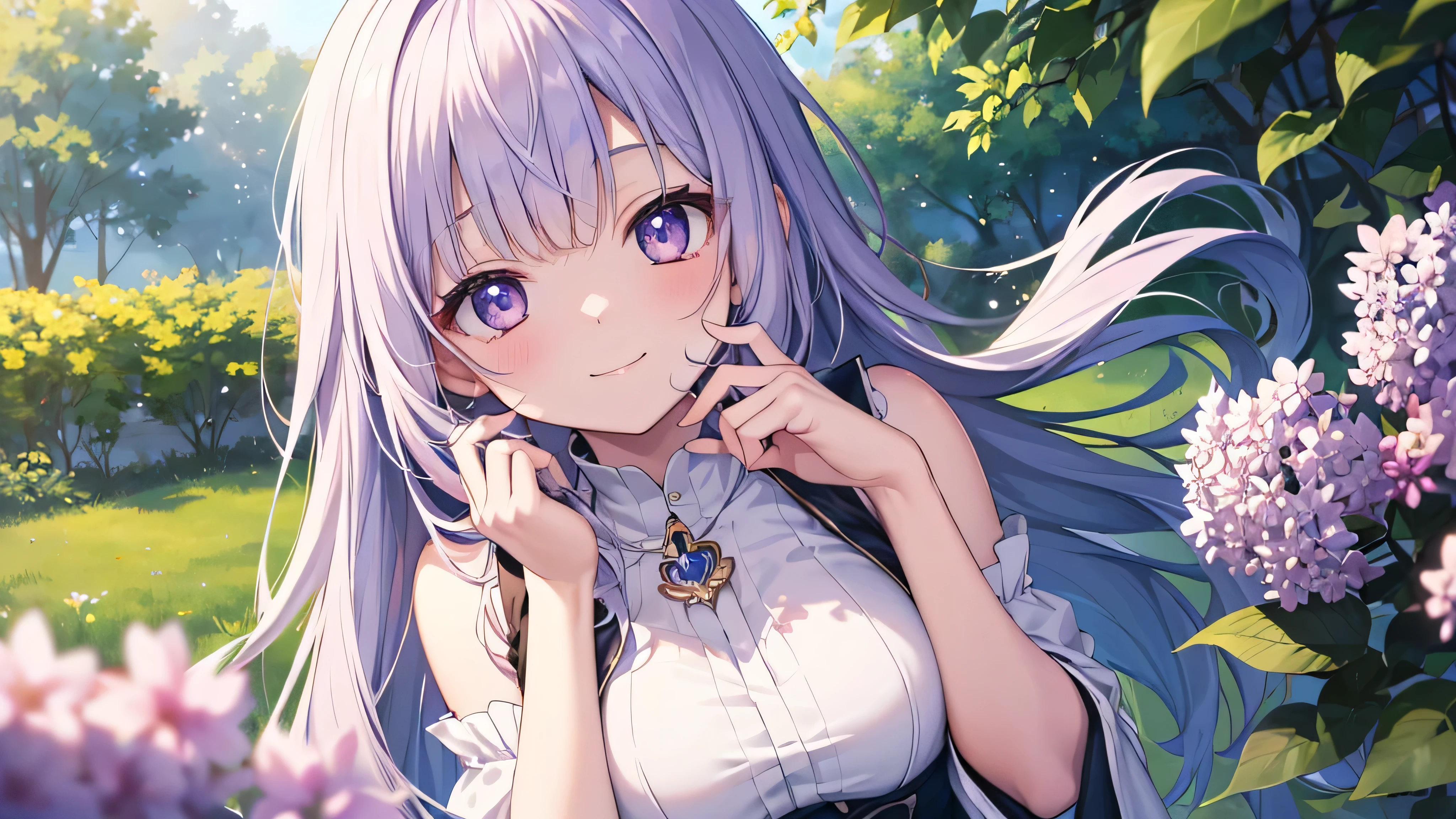 <lora:manami-000012:0.65>,masterpiece,ultrahigh_details,best_quality,(blurry background:1.3),(manami),(1girl),(solo),(long hair),(silver hair),twintails,(purple eyes:0.8),(blush:0.8),looking_at_viewer,full body,standing,pajamas,park,grass,tree,