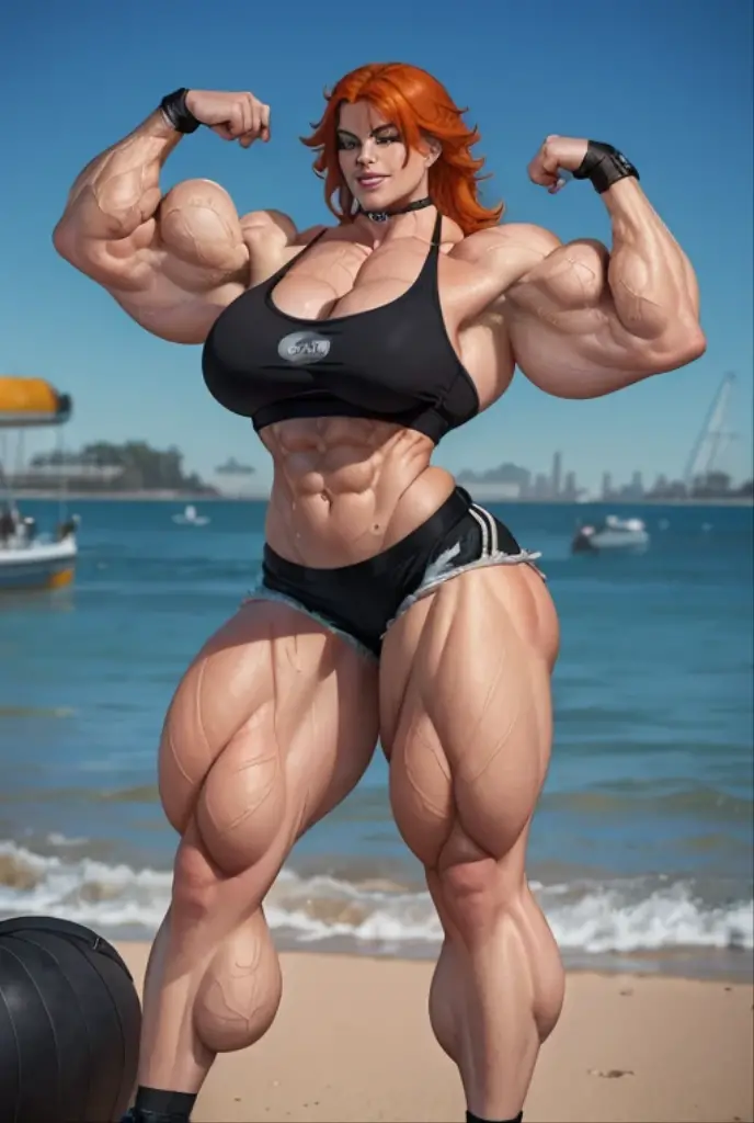 (1 girl), (megan fox:1.25), (naked:1.25), (super muscular bodybuilder girl flexing her muscles on the beach:1.25), (wide shoulders:1.25), (muscular defined physique:1.25), perfect hands, long hair, high resolution image, extreme detail, blank background