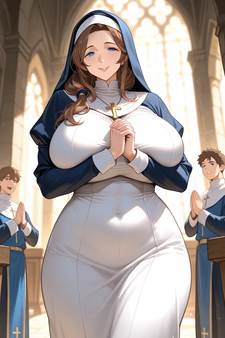 ariana grande in closet, pews in background, sexy nun outfit, big breasts, (big breasts:1.2), cleavage, holding prayer beads, and demon ,raping nun