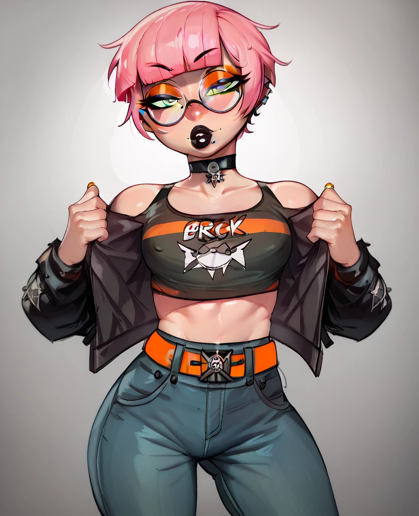 Gyaru girl, tan skin, short hair, messy hair, glossy lips, smile, sharp teeth, large lips, light blue eyes, winking, crop top, abs, jeans, wide hips, furrowed brows, tongue sticking out the corner of her mouth, bikini tan line, drooling