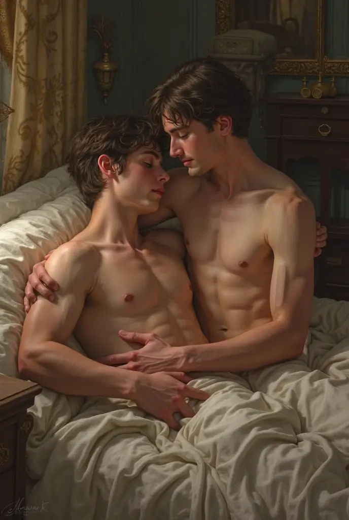 two beautiful males, asleep in a bed of asphodel, white asphodel only, ((penis showing)),style of Alexandre Cabanel