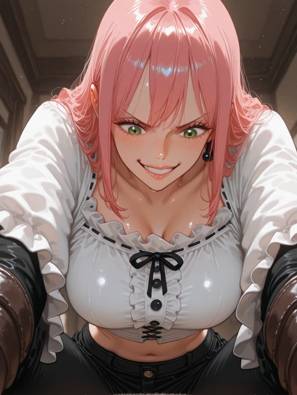 ((Fellatio,blowjob,handjob,unsensord,hetero,tongue out,long tongue, looking at penis:1.5)),(Detailed penis、muste piece:1.2), (best quality:1.2), (Extremely detailed:1.2),((1 girl、mature woman、45 years old、shiny skin、blush、calarsr、pink hair、Scapula、collar、bracelet、armlet、shoulder armor)),(big breasts、shiny skin:1.5)、saggy breasts、(dark dungeon:1.4)