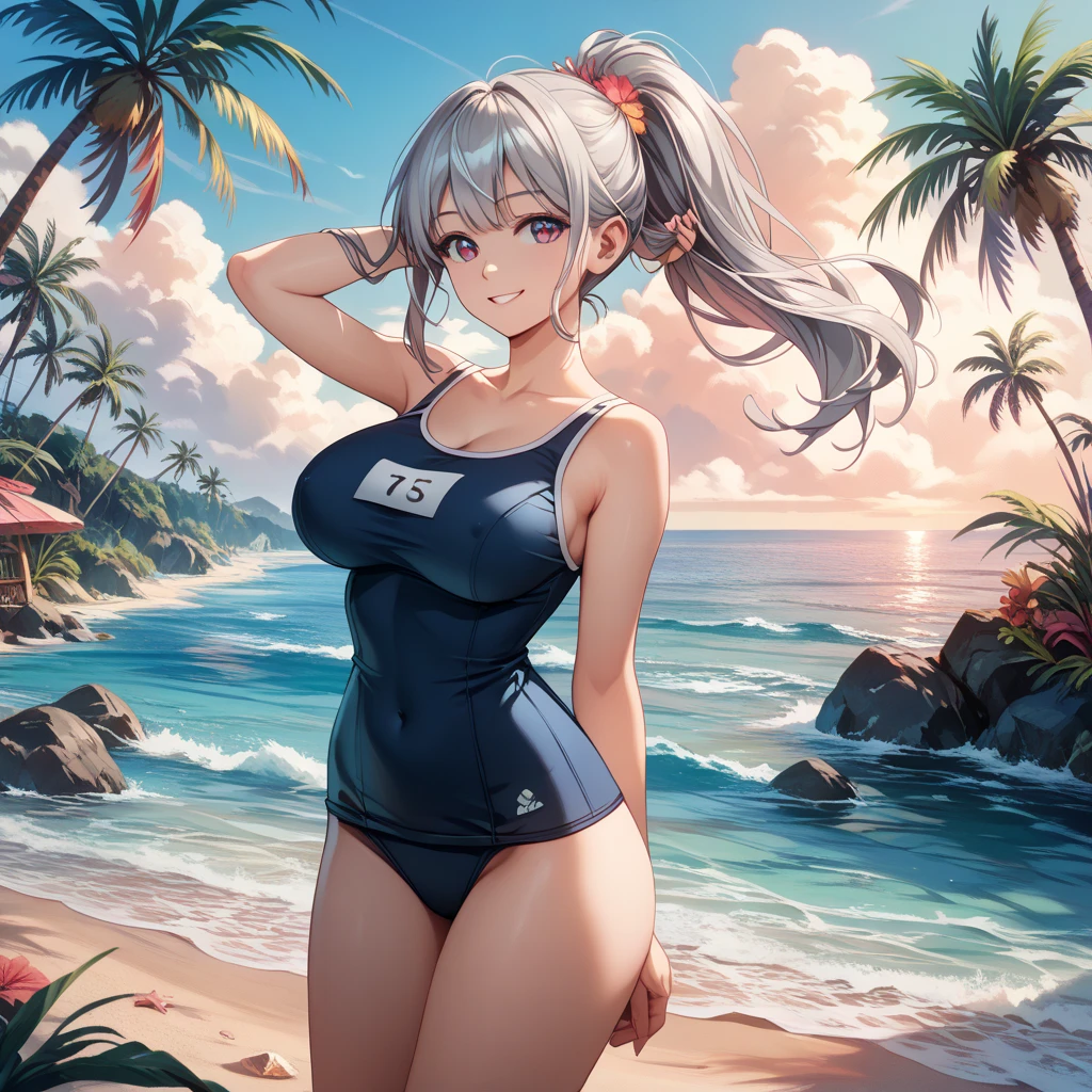 realistic, 1 girl elf, ponytail, parted lips, blush, compensate, light smile, white hair, sportswear, skirt, wet clothes, shine, thighs, blue eyes, bare shoulders, clavicle, tight waist, sunbeam, sunlight, Rose, Wind, cleavage, (masterpiece), Sweat,