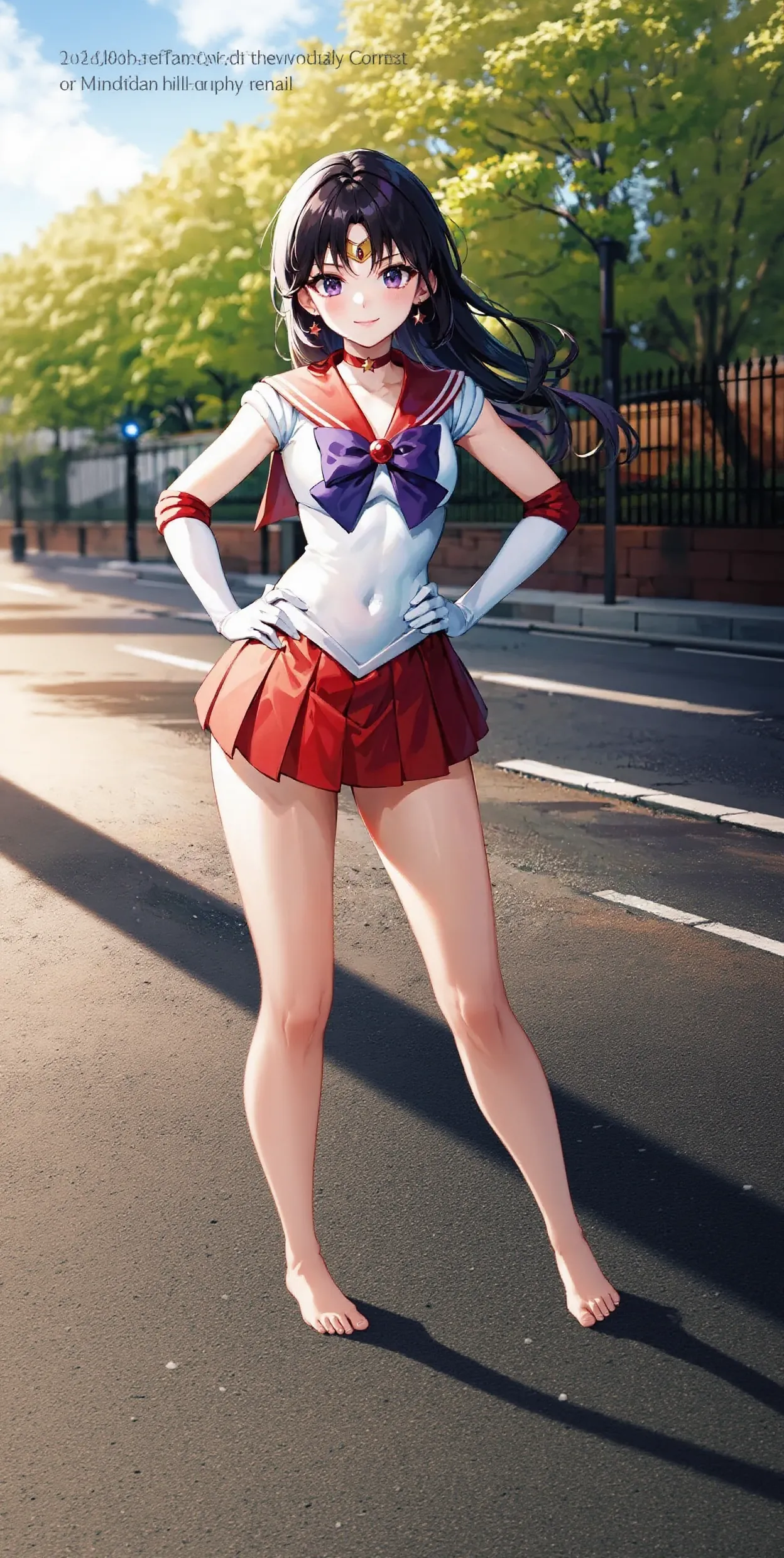 masterpiece, best quality, highres, absurdres, ultra detailed, pretty eyes,
sama1, tiara, sailor senshi uniform, white gloves, red sailor collar, red skirt, star choker, elbow gloves, pleated skirt, bare legs, purple bow
blowing kiss, cowboy shot, night, outdoors, moon, smile, city, full body, standing, hands down