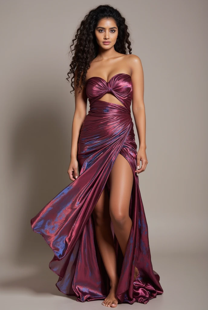 Georgina rodriguez latex pink purple golden silverprom dress full body photo high heels long black ponytail hairstyle red lipstick prom meke up, prom latex gloves