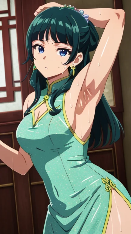 Top quality (8 k, High accuracy, Masterpiece: 1.2), Very detailed, Anime art style, Dynamic angle, Teenage style, (Chinese dress, Exposed shoulders, Earrings, internal,), Green detailed hair, detailed blue eyes, complicated hairstyle, long hair , skinny body, Radiant eye, young man, Hair accessories, Earrings, Half updated, The explosions are a bit boring., Detailed lighting, bright colors, Looking at the scenes, in the center of the image, Cowboy shot, ((High resolution armpits)), Very detailed armpits, ((Full of sweat)), sweaty, ((dripping wet armpits)), armpit closure
