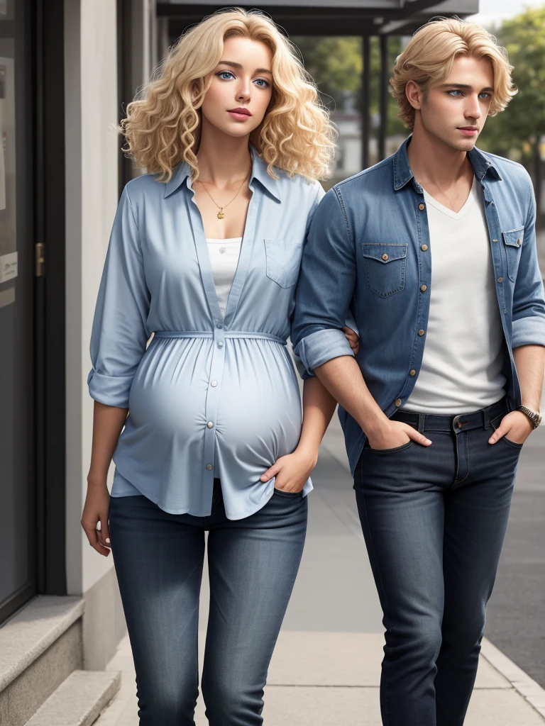The picture shows a couple (only one man and only one woman). A handsome, tall, courageous, athletic young man, golden-haired blond, with short curly golden hair, bright blue eyes, he is a doctor, dressed in medical clothes. He hugs an incredibly beautiful pregnant young blonde femme fatale with very short wheat-colored hair, gray-blue eyes, wearing a chiffon blouse tucked into jeans. detailed drawing of the face, a beautiful face, beautiful facial features. black jeans with a low fit. a full-length shot. hands in the pockets of his trousers. Masterpiece, detailed study of the face, beautiful face, beautiful facial features, perfect image, realistic photos, detailed study of faces, full-length image, 8k, detailed image. an extremely detailed illustration, a real masterpiece of the highest quality, with careful drawing. full-length image.