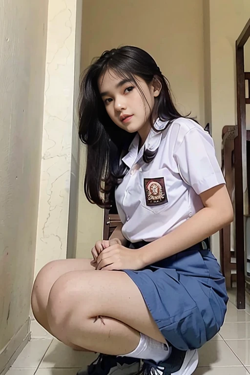 Indonesian face girl, wear skirt, Girl sitting on chair, open crossing leg, seeing panties on skirt, visible white panties