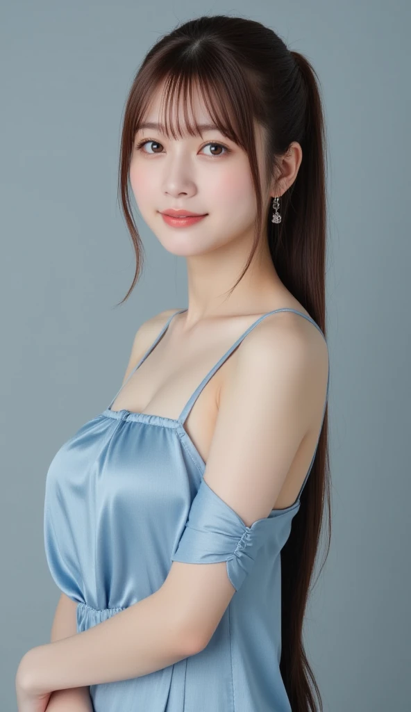 (((best quality))),(((ultra detailed))),(((masterpiece))),illustration,1girl,solo,tonogui,short ponytail,slim,thin,small breasts,flat chest,strapless white tank top,navel,maxi navy-blue kendo hakama,in kendo gym,focused and determined expression,ready for challenge,slender and elegant face,confident and resilient,fair skin,blush,neat teeth,bright smile,clean and tidy uniform,wooden gym floor,wall,pine scent,standard grip,ready to slice through obstacles,strong belief,determination,spirit of resilience,admiring,((from front,close-up of face))