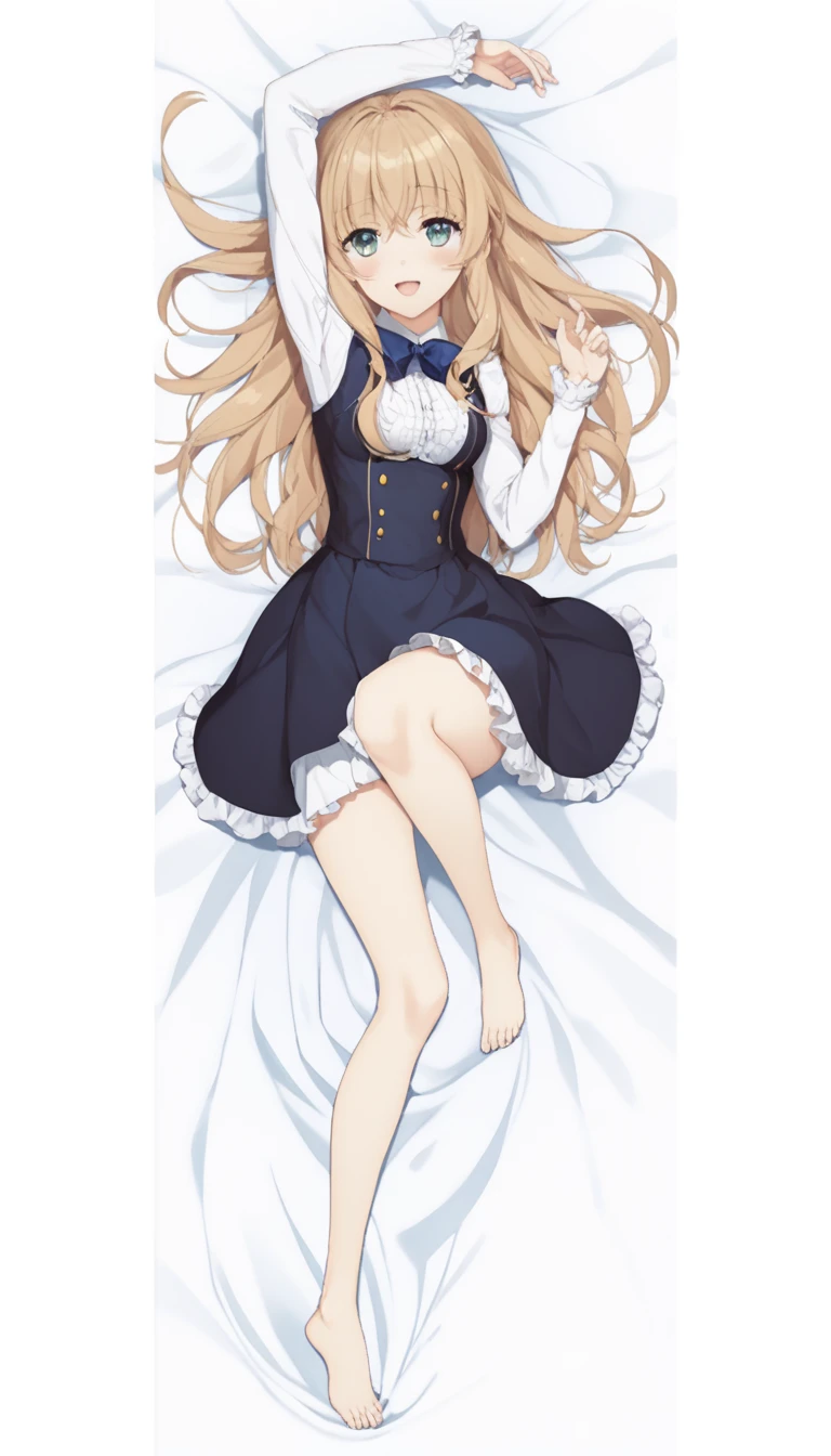 , aarika, long hair, two side up, hair bobbles, small breasts, looking viewer,grin,leotard,fishnet pantyhose,on bed,bunnygirl,bunnysuits,rabbit ears,shoes,lying on back,from above