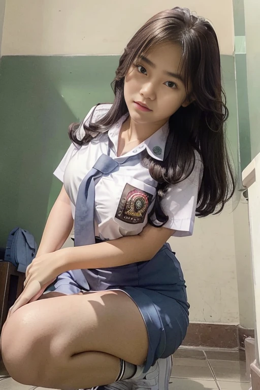RAW, Best quality, high resolution, masterpiece: 1.3), Beautiful girl, seductive pose, showing breast, open legs showing vagina, sensual body, on a top of table of class room, ((senior high school clothes)), orgasm, highres, 4k, HDR, 1girl, photorealistic, realistic, small breasts, ((whole body)) turning away facial at viewer, closeup, class-room, misty,