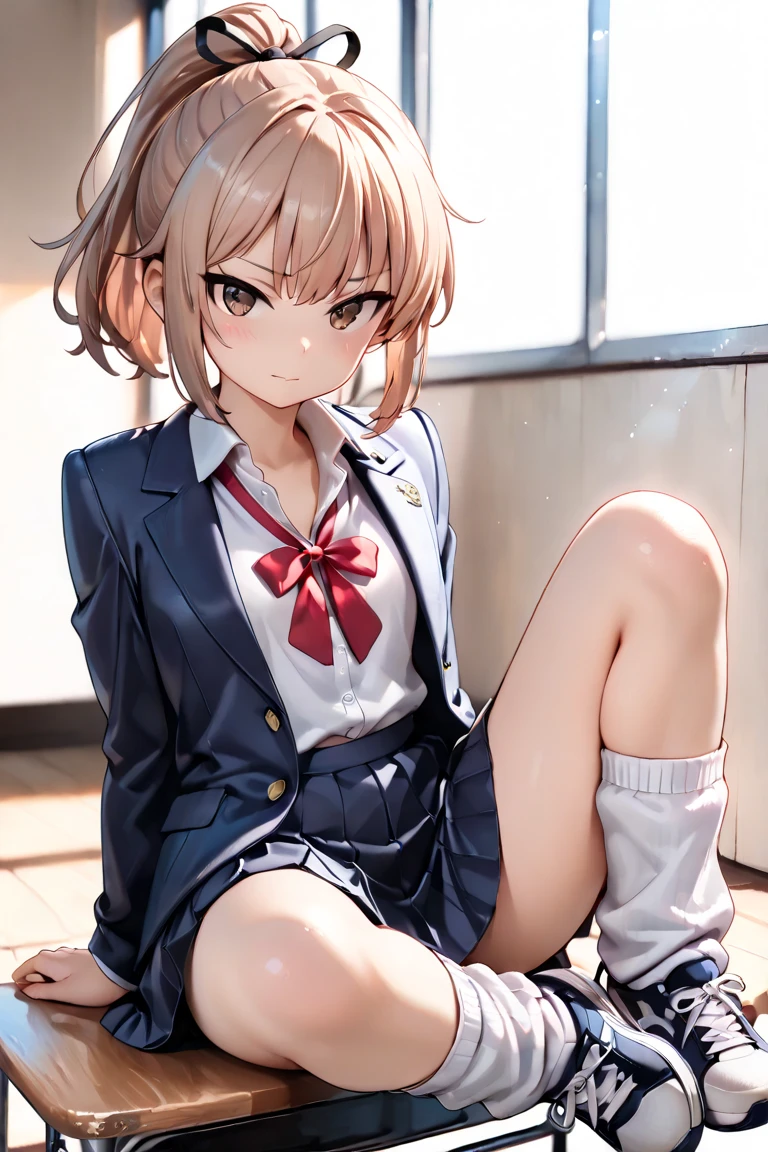 irohaisshikitest, iroha isshiki, short hair, brown hair, (brown eyes:1.5),
BREAK skirt, shirt, ribbon, school uniform, jacket, white shirt, open clothes, socks, open jacket, black jacket, plaid, kneehighs, plaid skirt, blazer, cardigan, black socks, pink cardigan, sobu high school uniform,
BREAK outdoors, city,
BREAK looking at viewer, BREAK (masterpiece:1.2), best quality, high resolution, unity 8k wallpaper, (illustration:0.8), (beautiful detailed eyes:1.6), extremely detailed face, perfect lighting, extremely detailed CG, (perfect hands, perfect anatomy),(stripe panties:1.5), sitting on desk, spread legs, open legs, knee up, leaning back, small breasts, (short, tiny, little:1.5), blush, embarrassed,from below, cowboy shot, dutch angle