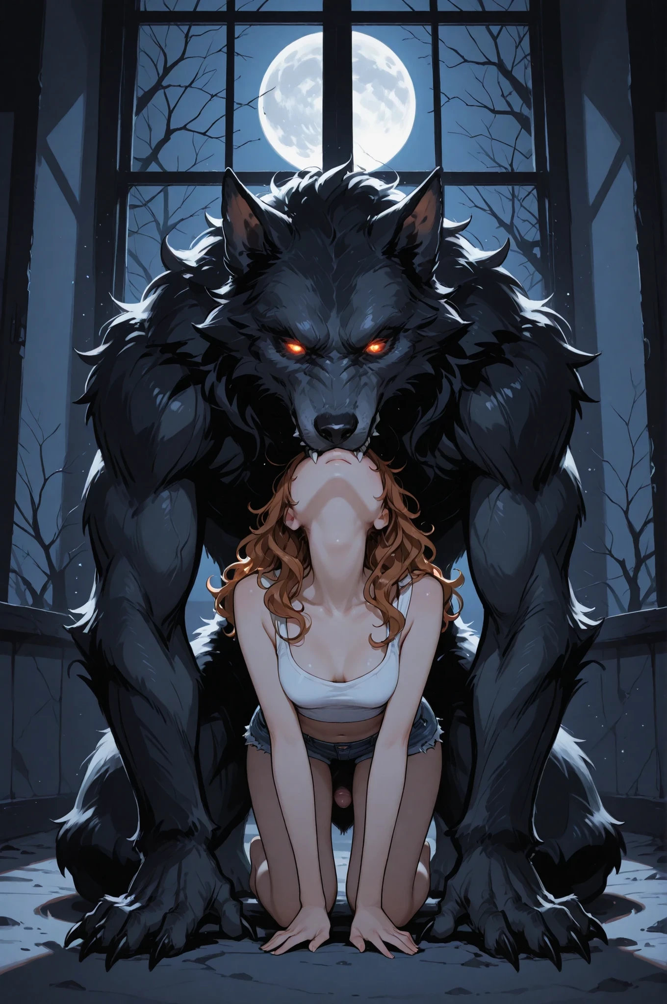 NSFW (nude) (Velma ((human)) sparse pubic hair), full body, vaginal fucking (nude male werewolf with a knotted penis) in a spooky haunted house