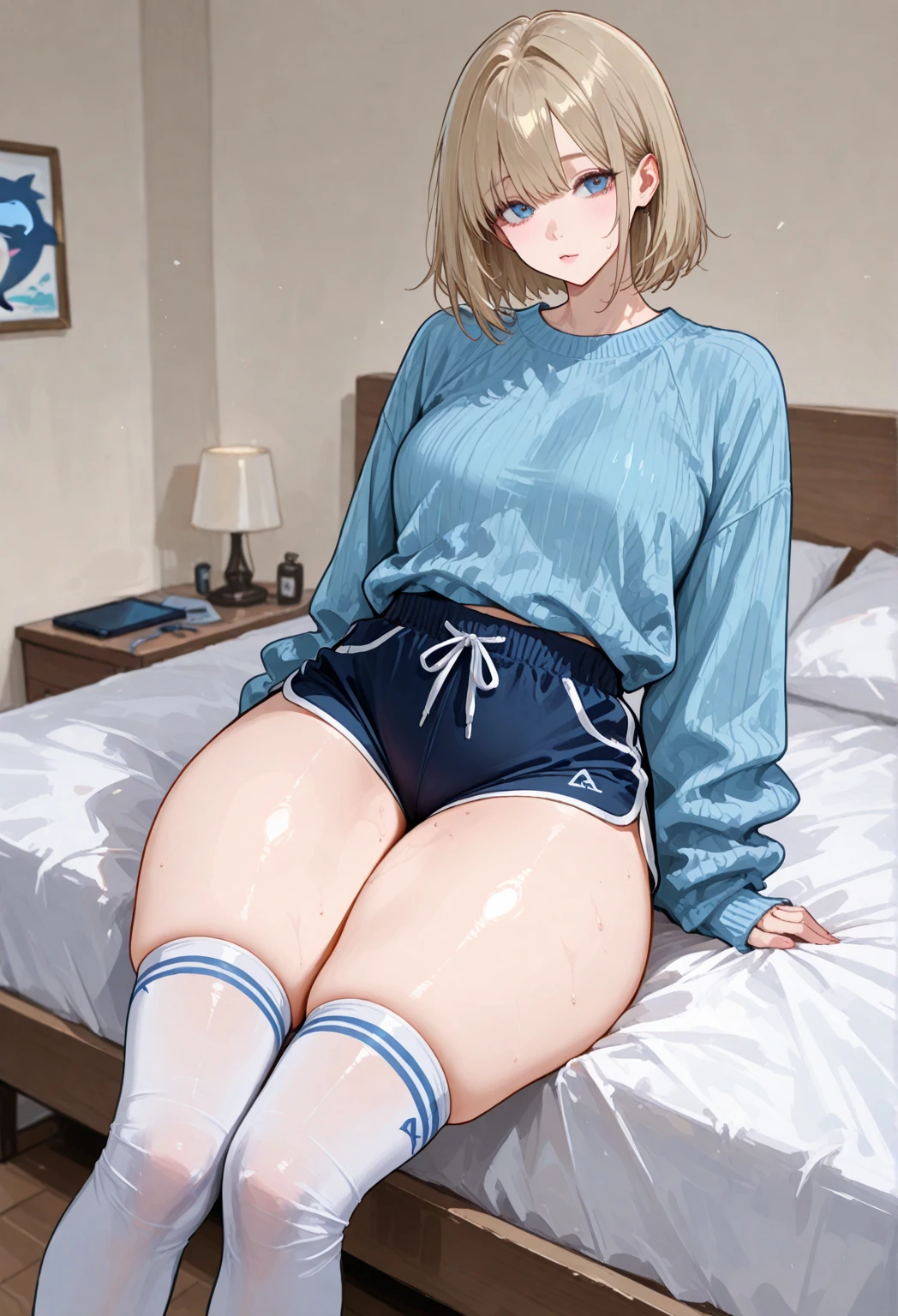 A Sexy girl with short white hair, big ass and big tits and blue eyes wearing Sexy leggings with a huge cameltoe