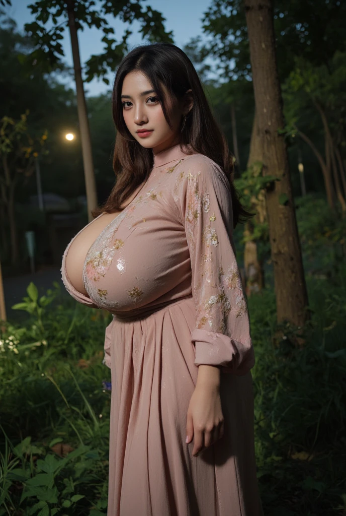 (Best quality, Ultra-detailed, photo-realistic:1.37), 1girl, , solo, projectile \(lactation:1.5\), long hair, smile, black hair, nude, (a field of flowers:1.3), upper body, pregnant, (big breasts:1.5), cleavage, hyper HD, High details, Best quality