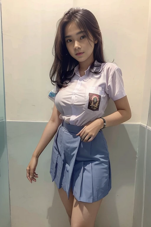 (8k, RAW photo, best quality, mastery:1.3), (realistic, photo-realistic:1.37), (looking viewer:1.331), posing Seductively, living room, soft light, 15 year old girl, short body, beautiful thighs, smaller chest, brunette hair, long hair, smile, white shirt, short sleeves, blue mini skirt