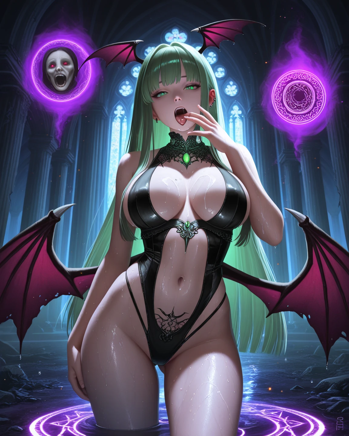 a beautiful succubus,(morrigan_aensland_aiwaifu, long hair, green_hair, bangs, demon_girl, head_wings, wings, animal_print, pantyhose, bat_print, print_legwear, bridal_gauntlets with white fur trimmings, leotard, bare_shoulders, cleavage, black_wings, long orange_gloves with white fur trimming , thong_leotard, black_footwear, bat print, clothing_cutout, heart_cutout, black_leotard, highleg_leotard, purple_legwear, highleg, koakuma, cutout_above_navel, thighs, collarbone, knee boots, strapless ), intricate tentacle anatomy, glowing bioluminescent tentacles, detailed facial features, large expressive eyes, lush detailed hair, intricately detailed skin texture, ethereal and otherworldly atmosphere, complex and imaginative composition, highly detailed and realistic rendering, dramatic lighting, vibrant colors, surreal and fantastical, award-winning digital art, 8k, best quality, masterpiece, ((tentacles encircling breast)), ((tentacles tying up arms)), nsfw, tentacle sex penetration, (thick slimy tentacles penetrating vagina), (thick slimy tentacles penetrating anus), tentacles around neck, (facial expression of ecstasy, orgasm, blushing, eyes closed), body tensed up, ((slimy tentacles tightly gripping and parting her legs to reveal vagina, cumming, ((vaginal juices flowing from anus and vagina)), plethora of tentacles everywhere, background is covered in tentacles,