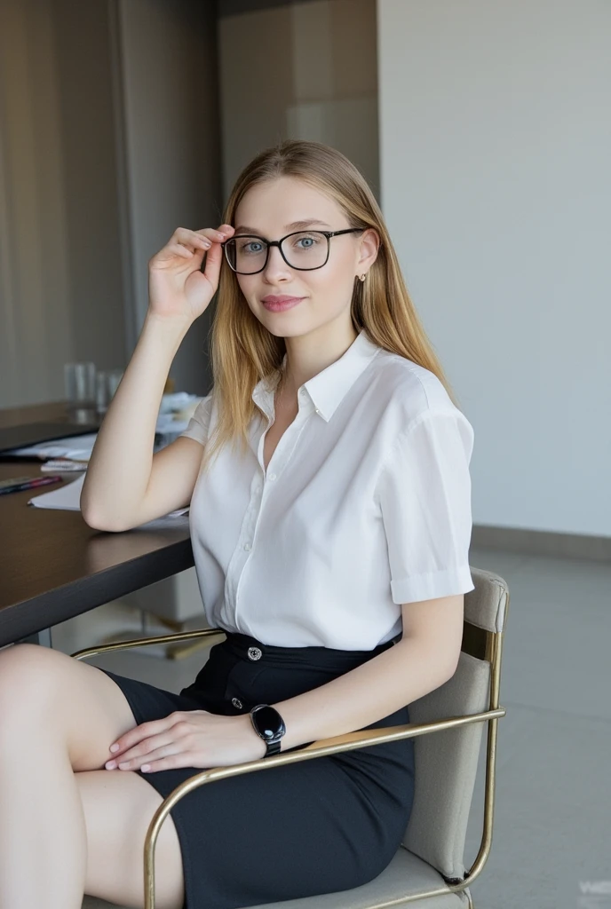 hyperrealistic beautiful busty 18-year-old women wearing latex men's suit jacket and trousers, glasses, model shooting full body photography, view from behind, natural redhead short straight ponytail, dark eye makeup with eyeliner, seductive smile, small necklace, 8K, Best quality, Meisterwerk, ultra high resolution, (Realismus: 1.4), Originalfoto, (realistische Hautstruktur: 1.3), (Filmkorn: 1.3), (Selfie-Winkel), 1 girl, Beautiful round hazel eyes and facial details, Meisterwerk, Best quality, selfie-pic-posing outside with modern city skyline, nsfw