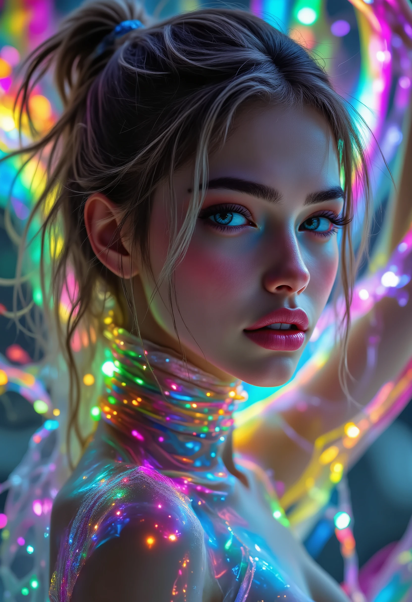 beautiful rainbow energy {x} woman holding a rainbow floating in the air and wrapping it around her body,fantastic figure,delicate facial features,dreamy expression ,mysterious posture, levitation ,beautiful rainbow energy,colorful, Fantasy Scenery ,fantastic lighting,Exquisite Details,fantasy illustration,high quality,4K,extremely realistic,Professional Level,vivid colors,Soft Light