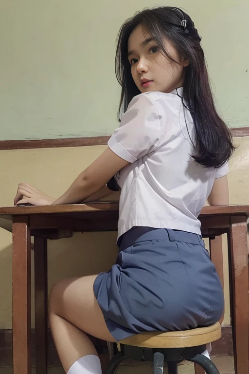 (((Ultra-HD-quality-details))) , one girl, beauty, perfect eye lids, sexy body, big breast, standing, at classroom, cewe-sma, from fitting, white shirt, gray short skirt, no bra, white shoes, belt, sexy beauty legs, sexy round ass, looking at viewer, from behind. Detailed, natural. Wide angle. 
