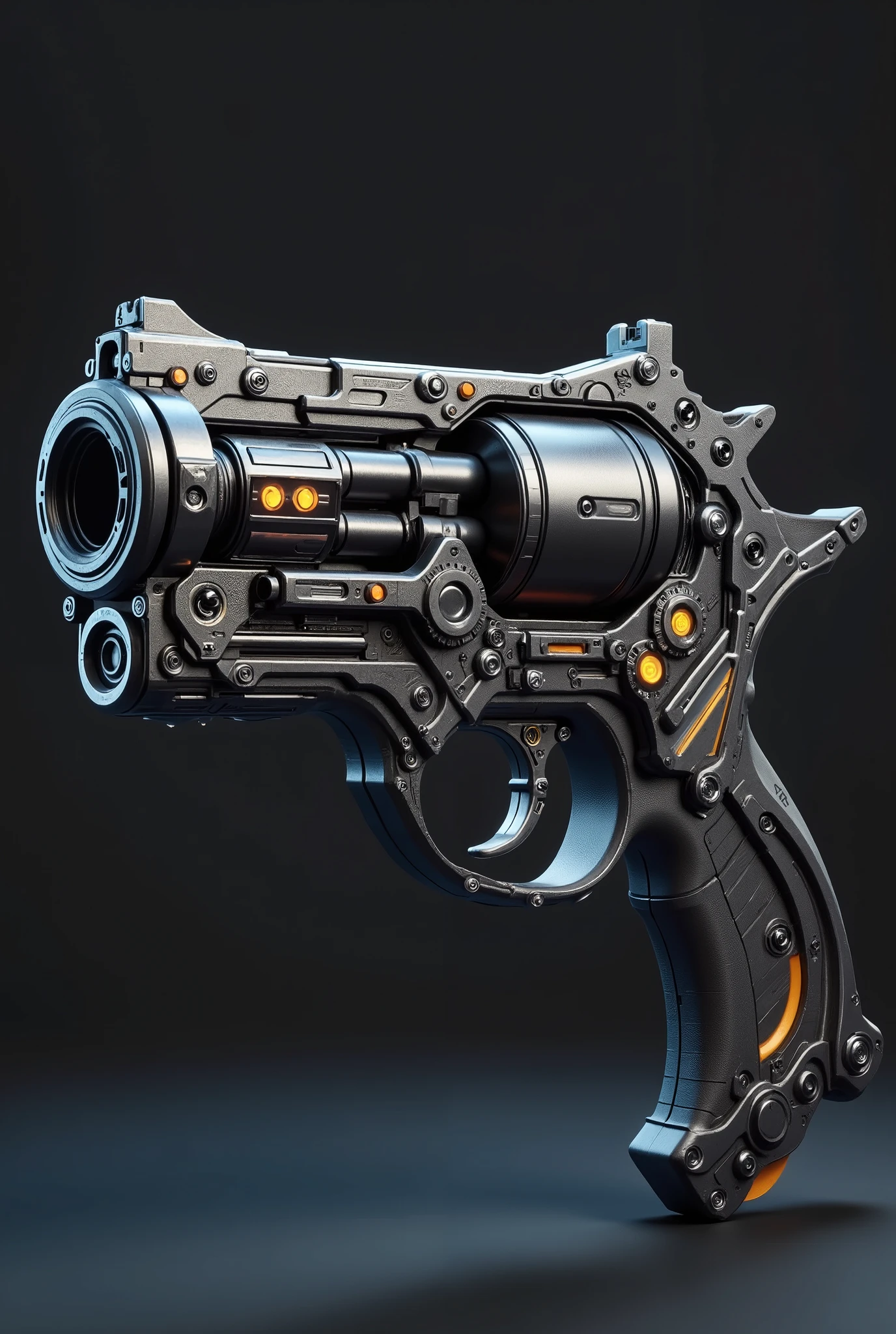 a quantum six shooter with an ovoid sleeve over the barrel, laser scope, lights and gauge, museum display, best quality, very detailed, HDR, wide shot, full view, luster, aggressive look