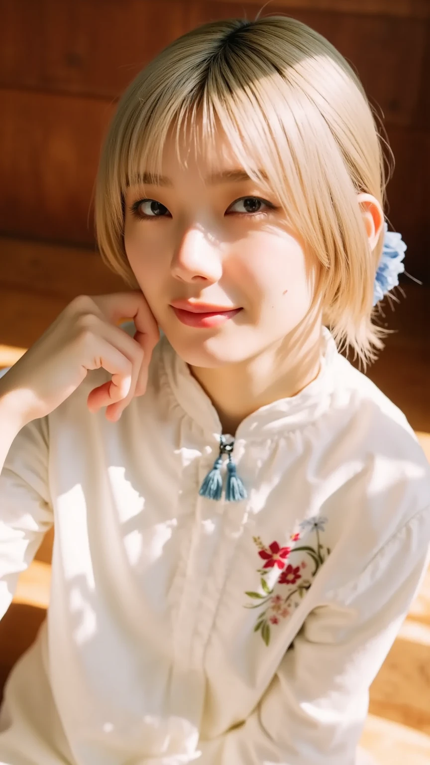 One Woman、Cute face、Also々New Expressions、Cream colored hair、French Braid、short hair、Camisole dress、Blue outerwear、Outdoor、