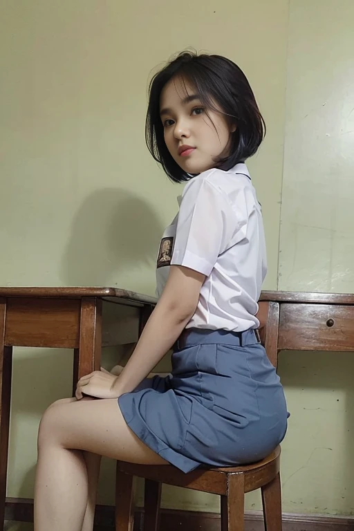 Indonesian face girl, wear grey skirt, Girl sitting on chair, open leg apart, seeing pink panties on skirt, visible pink panties