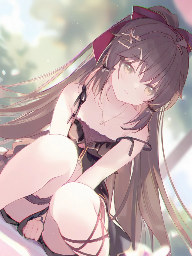 (hightquality、high detal:1.1)、(Yuzuki Yukari:1.4)、独奏、cowboy shot、looking at the viewers、a smile、Skysky、seiza, medium breasts, arms behind head, side angle