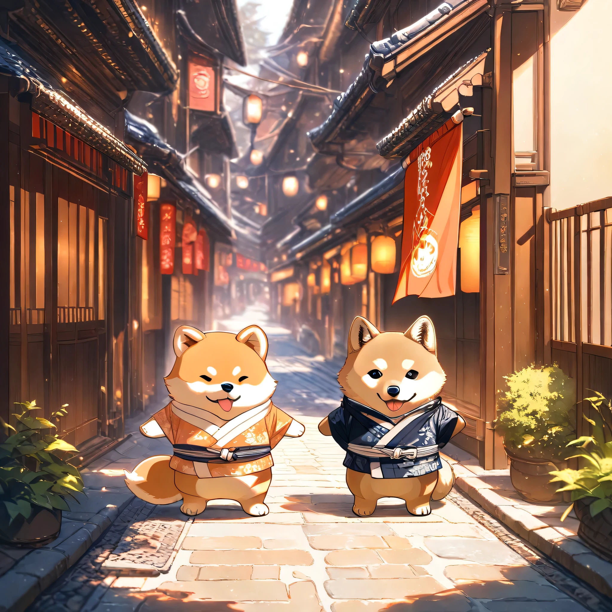 (masterpiece, best quality, ultra-detailed), a cute stylized anthropomorphic semi-human Shiba Inu with a rounded face, small black puppy-like eyes, short light brown fur with white markings, and symmetrical forward-facing ears. It is wearing a traditional Japanese kimono with sleeves, adorned with subtle floral patterns. The Shiba Inu is standing upright like a human at a traditional Japanese shopping street with red and white awnings. It is joyfully reaching out with both hands to receive a skewer of dango from an anthropomorphic semi-human raccoon dog (tanuki) vendor, who also wears a kimono and smiles kindly. The Shiba Inu’s expression is cheerful and excited, with bright eyes and a soft smile. Afternoon sunlight filters through the street, casting warm, gentle shadows on the cobblestone path. The full body of the Shiba Inu is shown in a 1:1 composition, in a soft anime style.
