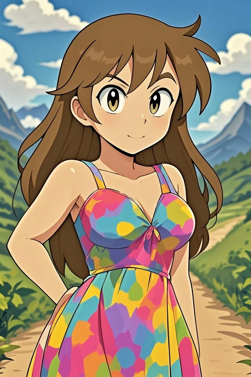 1girl, ass atire, bracelet, breasts, brown hair, dress, lips, translucid mini dress, ring, smile, solo, wedding band, wedding ring, outdoor, pokemon route, 2d, anime, (ken sugimori art), watercolor \(medium\) <lora:lukethighwalkerneonponyv5:1.3>
