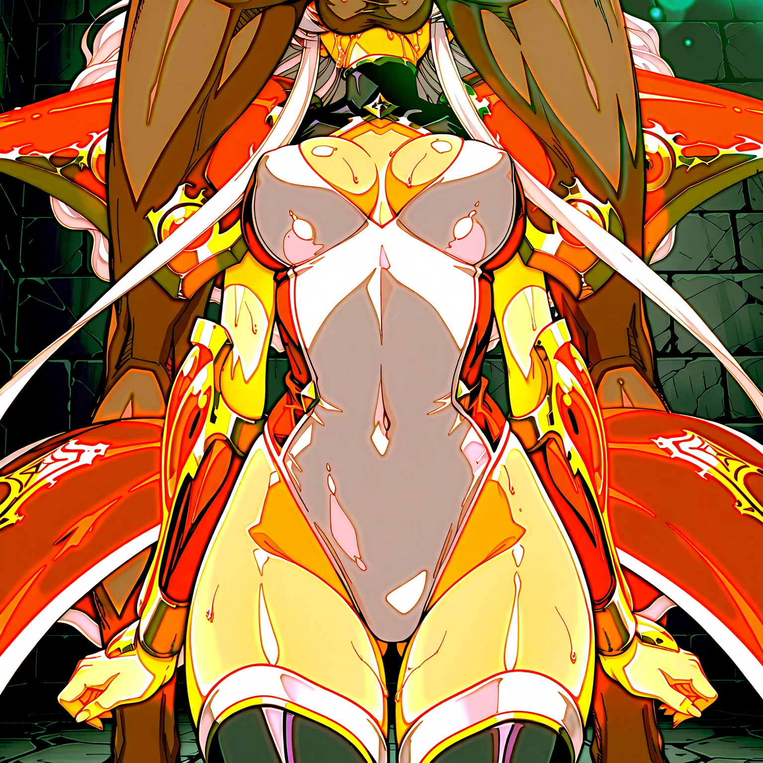 solo, 1girl,dark skin,large breasts, (machina), robot, glowing eyes, long mechanical tongue,lying,spreading legs,long neck,monster,wide mouth,smile