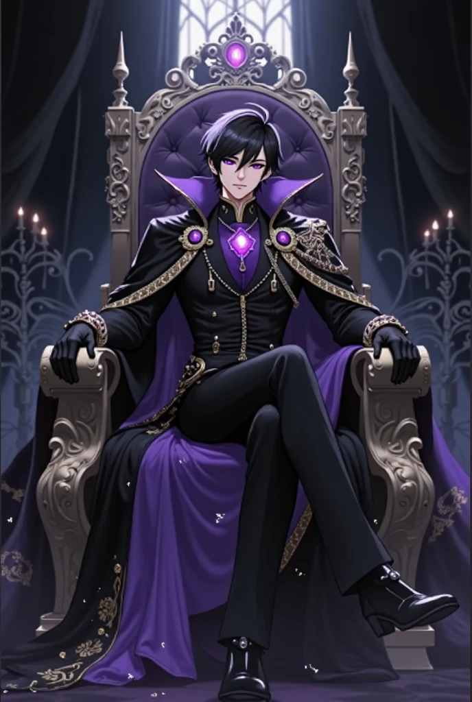 A sexy young male, black, long hair, teal blue eyes. Gothic clothes. (Male) (no facial or body hair)) masterpiece, best quality, ultra-detailed, best shadow), (detailed background) (purple and black) pretty handsome. Sexy Cute. No facial hair. No body hair. Wink. Seductive. Sexy. Pale and white skin. Smirking. Anime style. Blood. Vampire. Sexy. Death note style. Pink lips. SENSUAL. Purple and black gothic frilly clothes. Long lashes. Sexy pose. Crossing legs. Love. Shiny. Vampire Prince. Sitting on his throne and crossing legs sexily. Bottom angle. Seductive. Male. Bottom angle. Shiny.