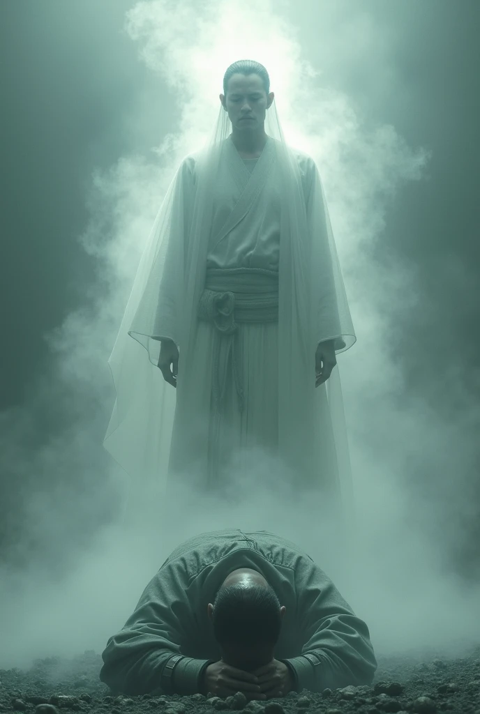 A hyper-realistic, eerie scene of a ghostly figure in traditional attire, shrouded in mist and shadows. The spirit appears translucent with a faint, ethereal glow, set against a dark, mysterious background with an unsettling atmosphere.
